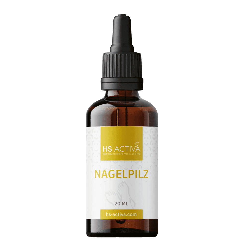 Product shot of a 20ml amber glass bottle of HS ACTIVA Nagelpilz featuring a black dropper top, a yellow and white label, and an elegant minimalist design