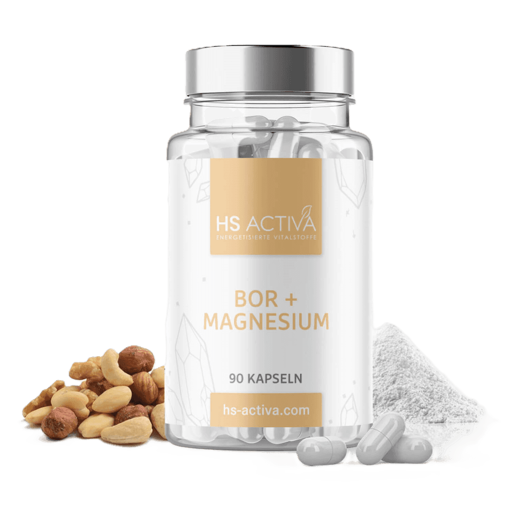 Product shot of HS Activa Bor + Magnesium capsules with a transparent bottle, beige label, walnuts, hazelnuts, and cashews near a pile of white powder