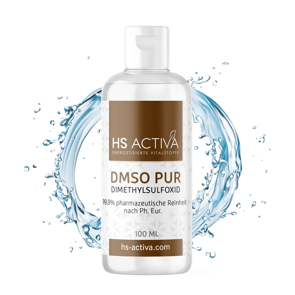 Product shot of HS ACTIVA 100ml DMSO Pur Dimethylsulfoxid bottle against a background of a stylized water splash featuring a brown label and clear liquid inside a transparent bottle