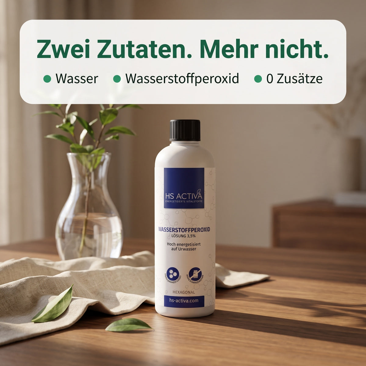Wasserstoffperoxid 3,5 % - zwei Zutaten: Wasser und Wasserstoffperoxid, ohne Zusätze
