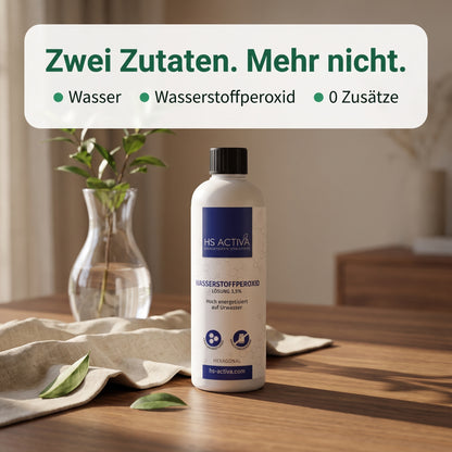 Wasserstoffperoxid 3,5 % - zwei Zutaten: Wasser und Wasserstoffperoxid, ohne Zusätze