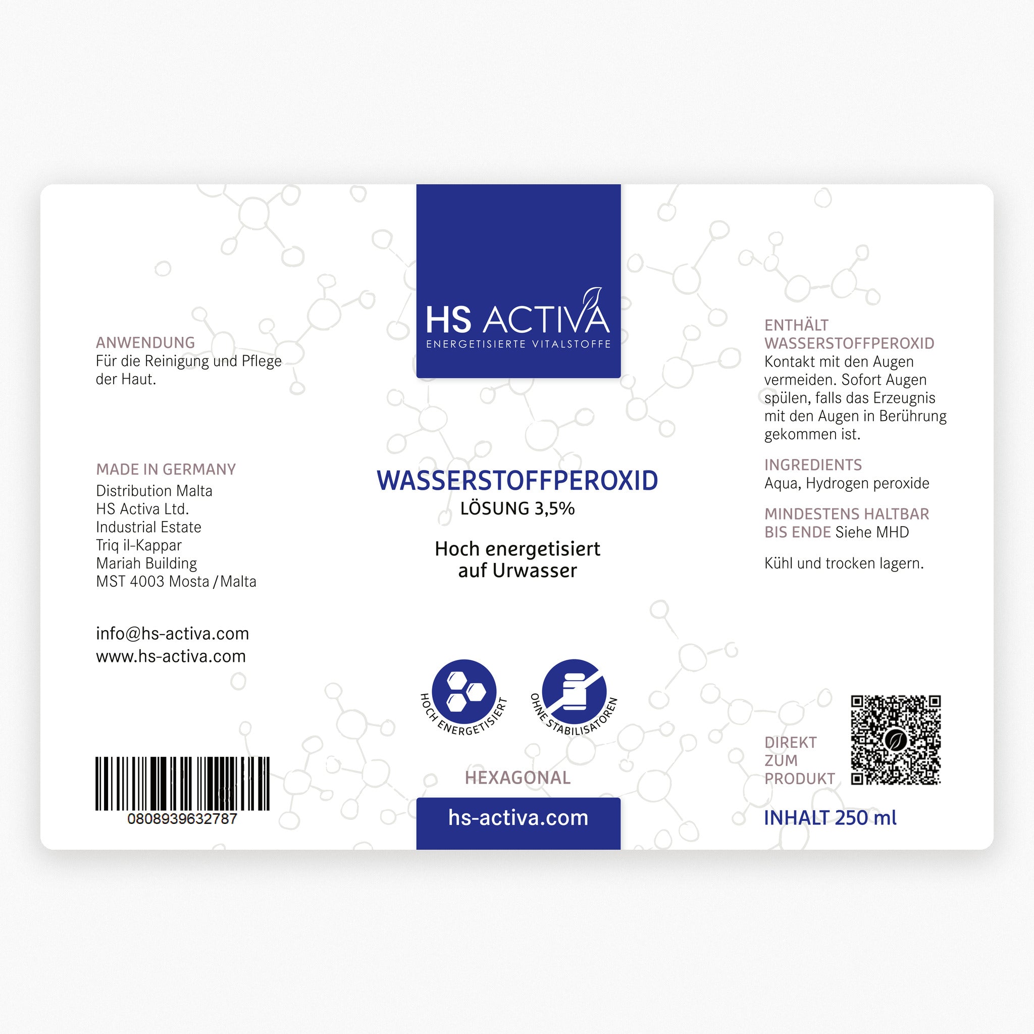 Etikett Wasserstoffperoxid 3,5 % - Inhaltsstoffe Aqua und Hydrogen peroxide, 250 ml, made in Germany