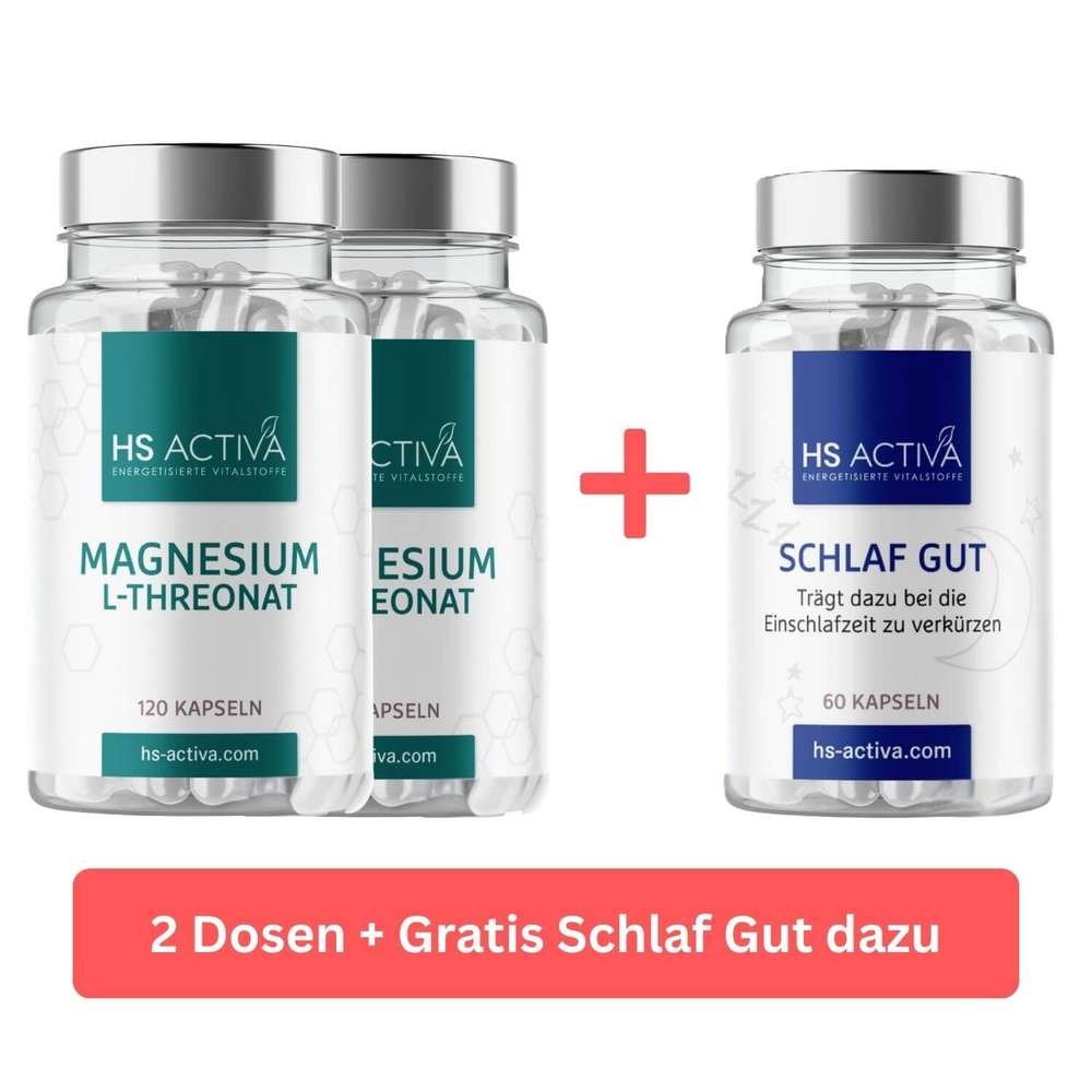 Angebot Magnesium L-Threonat - Gratis Dose | Kauf 2, Erhalte 3: Zwei Dosen Magnesium L-Threonat plus eine Gratis-Dose Schlaf Gut mit je 120 und 60 Kapseln.