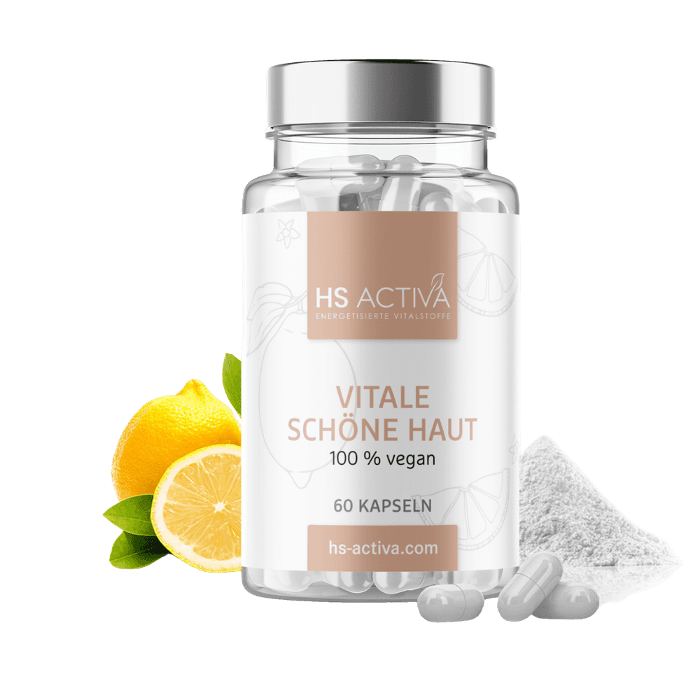 Product shot of HS ACTIVA Vitale Schöne Haut vegan capsules with lemons and powder a silver lid and minimalist label design
