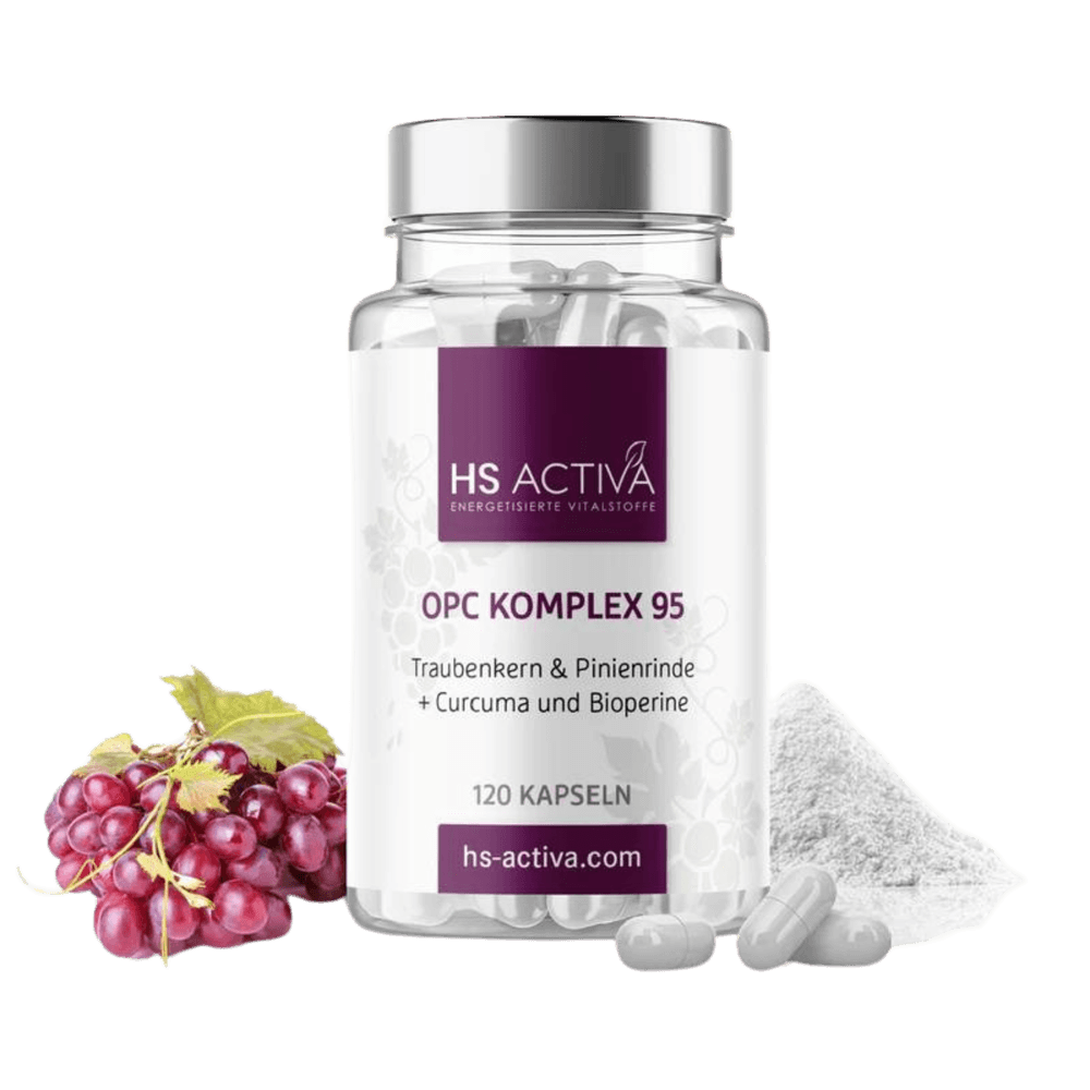 Product shot showing HS Activa OPC Komplex 95 capsules a clear bottle with a silver lid red grapes and white powder suggesting ingredients like grape seed extract pine bark curcumin and bioperine
