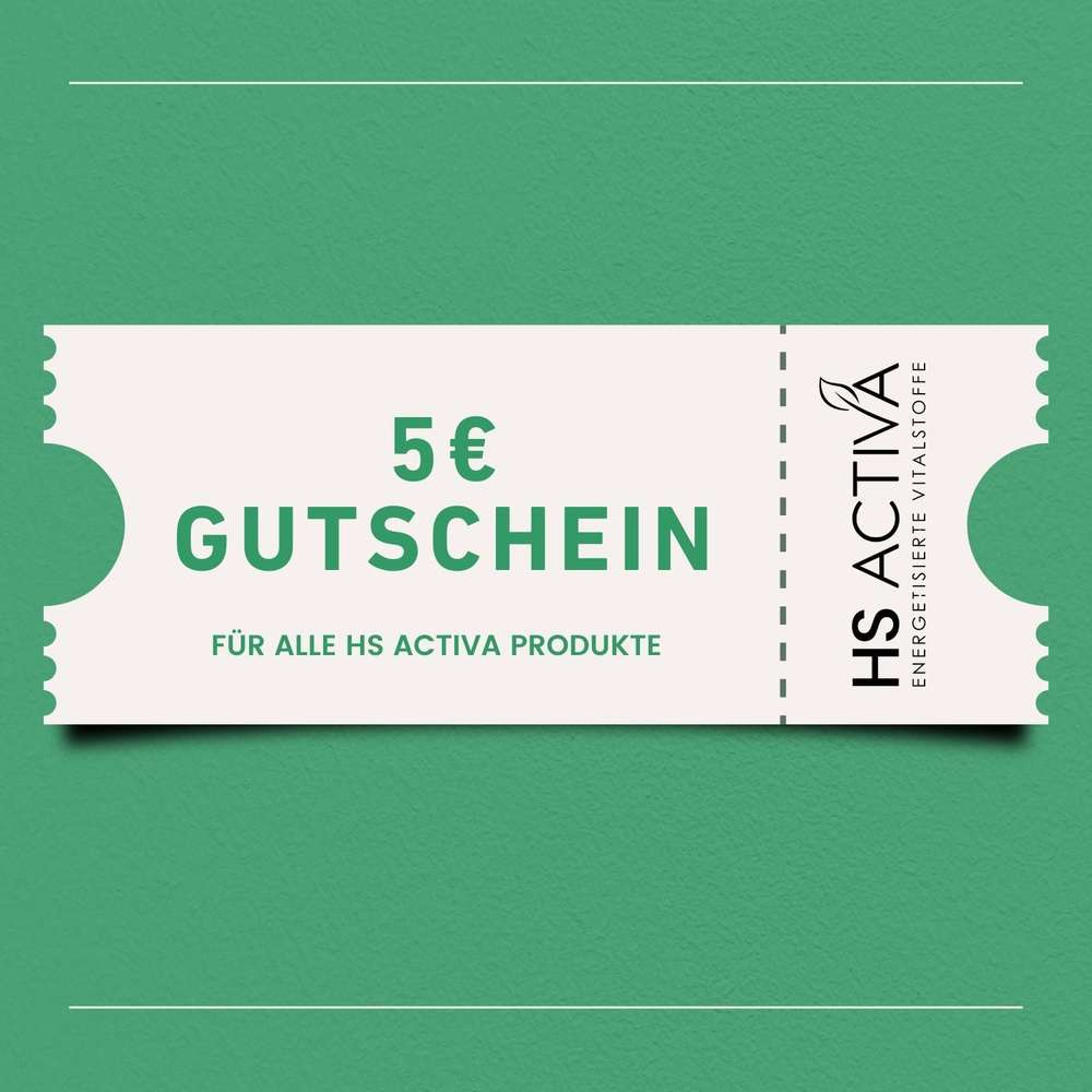 Graphic design of a 5 euro HS ACTIVA product voucher featuring a green leaf logo and a perforated ticket design on a teal background
