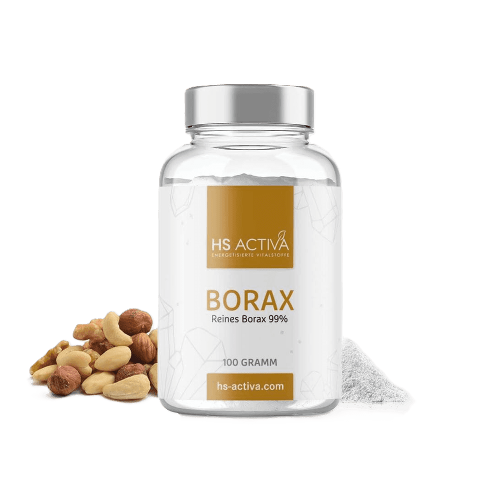 Product shot of HS Activa 100-gram Borax supplement jar with cashews hazelnuts and walnuts beside it showcasing a minimalist design and a pile of white powder