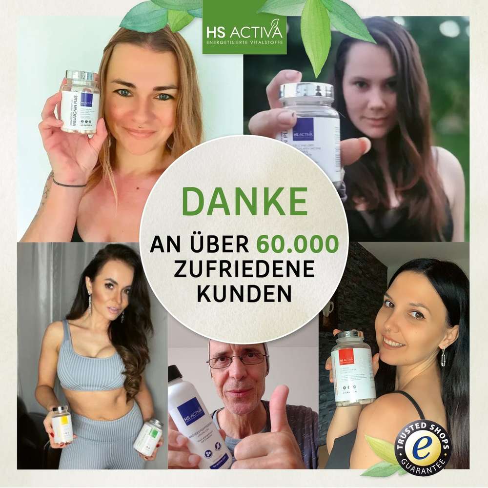Photo collage featuring satisfied customers holding HS Activa products including Melatonin Plus and Wasserstoffperoxid  showing diverse individuals in various locations
