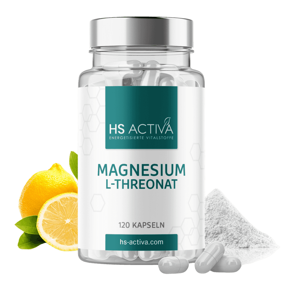 Product shot of HS Activa Magnesium L-Threonate 120 capsules featuring a teal label, bright yellow lemons and a pile of white powder against a black background
