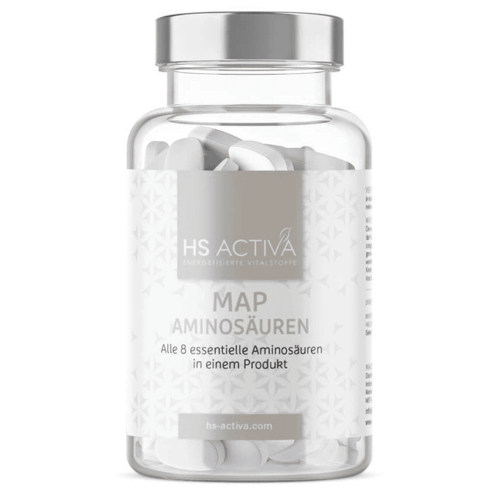 Product shot of HS Activa MAP Aminosäuren supplement bottle showing white tablets a silver lid and a minimalist light grey and white label with an elegant pattern.
