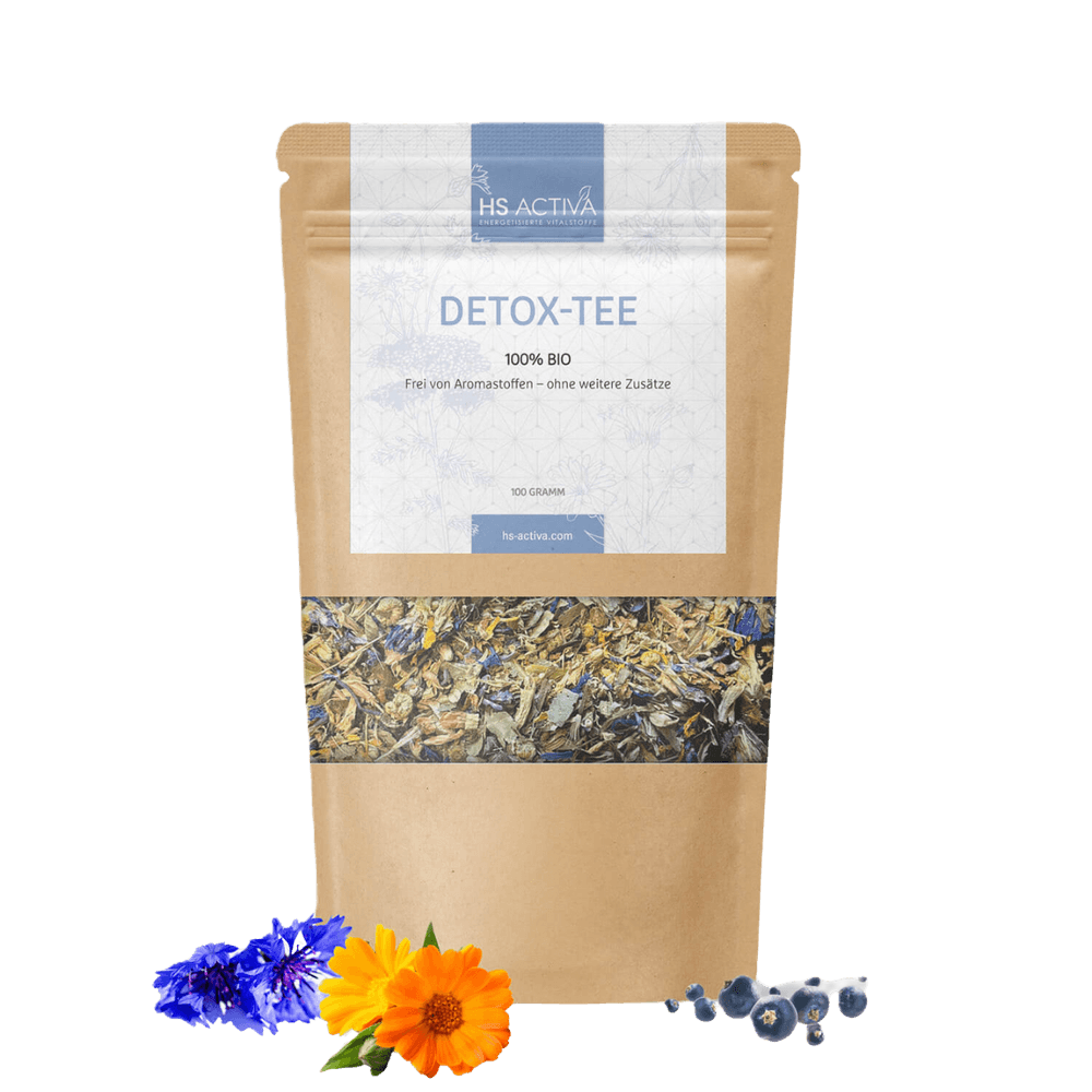 Product shot of HS Activa Detox-Tee 100% Bio tea bag featuring vibrant blue cornflowers, bright orange calendula, and dark blueberries against a kraft paper background
