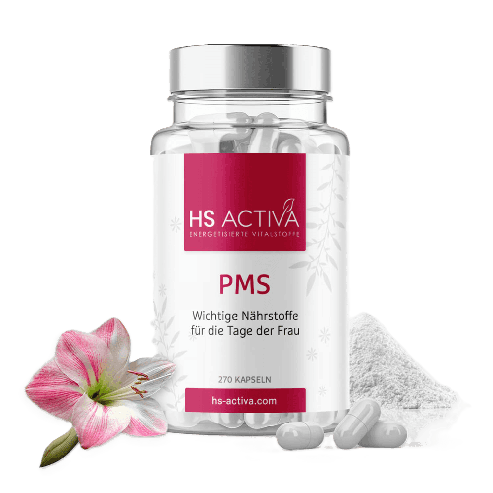 Product shot of HS ACTIVA PMS supplement bottle with 270 capsules, featuring a pink amaryllis flower, white powder, and a minimalist design
