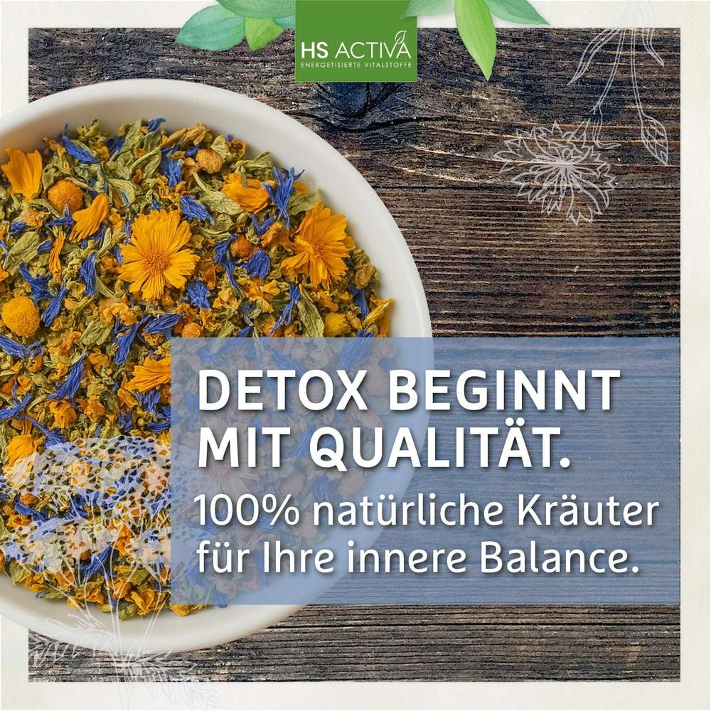 Photo of a bowl of vibrant orange calendula, deep blue cornflower, and green herbal tea blend on a rustic wooden surface showing a detox tea mixture with bright flowers and earthy tones

