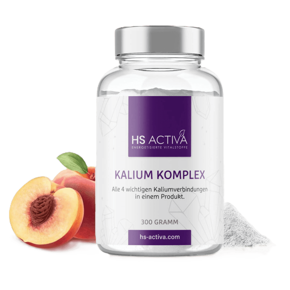 Product shot of HS Activa Kalium Komplex 300 Gramm supplement featuring a clear bottle with a silver lid, a pile of white powder, and two juicy peaches with purple accents on the label.
