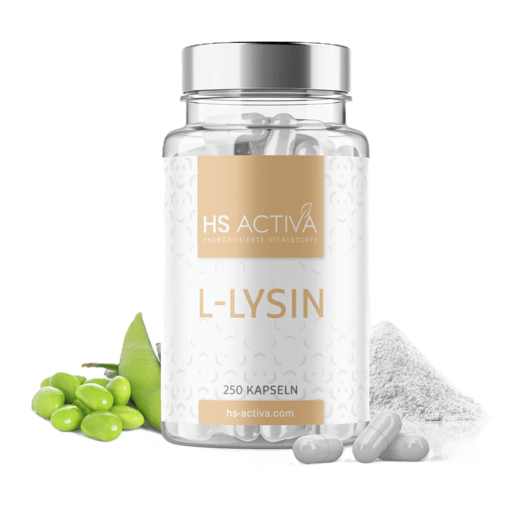 Product shot of HS Activa L-Lysin capsules 250 count  with soybeans and powder showcasing a beige label and silver cap