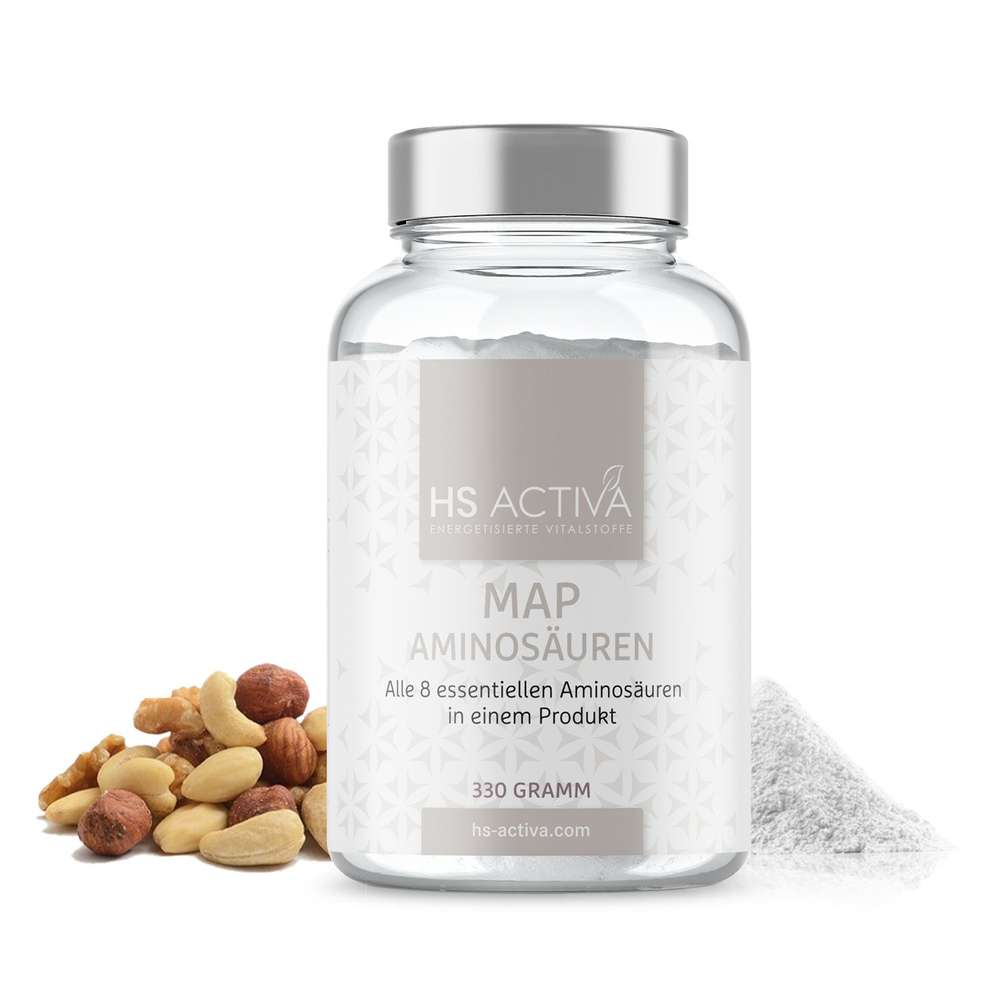 Product shot of HS Activa MAP Aminosäuren 330 Gramm supplement jar with assorted nuts and a pile of white powder showcasing a silver lid and an elegant label design
