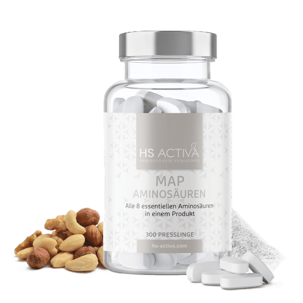 Product shot of HS Activa MAP Aminosäuren bottle showing white pills cashews hazelnuts and walnuts against a white background
