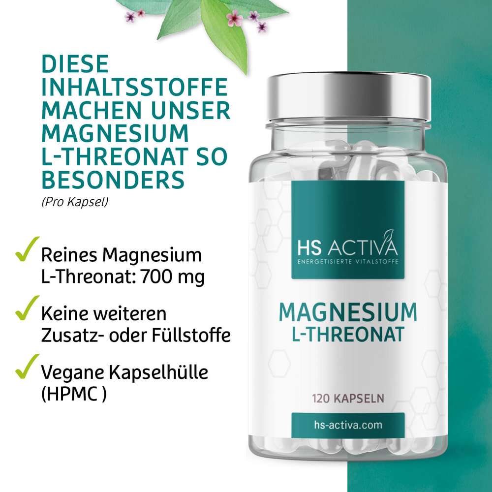 Product shot of HS ACTIVA Magnesium L-Threonate supplement bottle showing 120 vegan capsules a teal and white label and  a silver lid against a white and teal background
