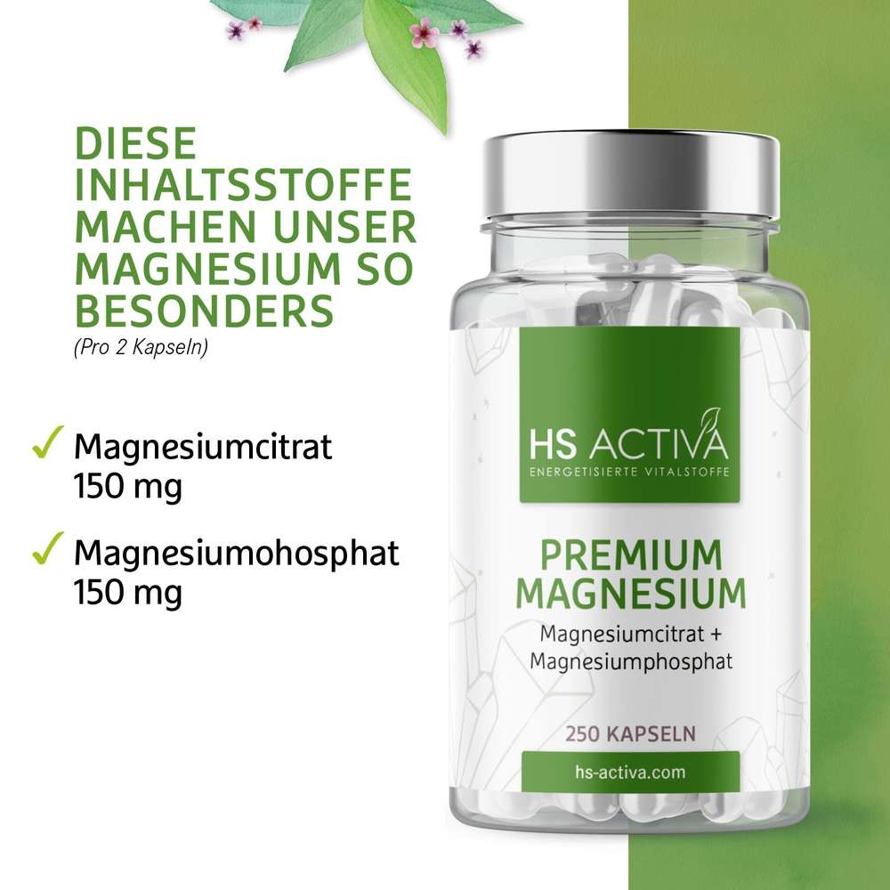 Product shot of HS Activa Premium Magnesium supplement bottle featuring 250 white capsules green and white label with crystalline design elements
