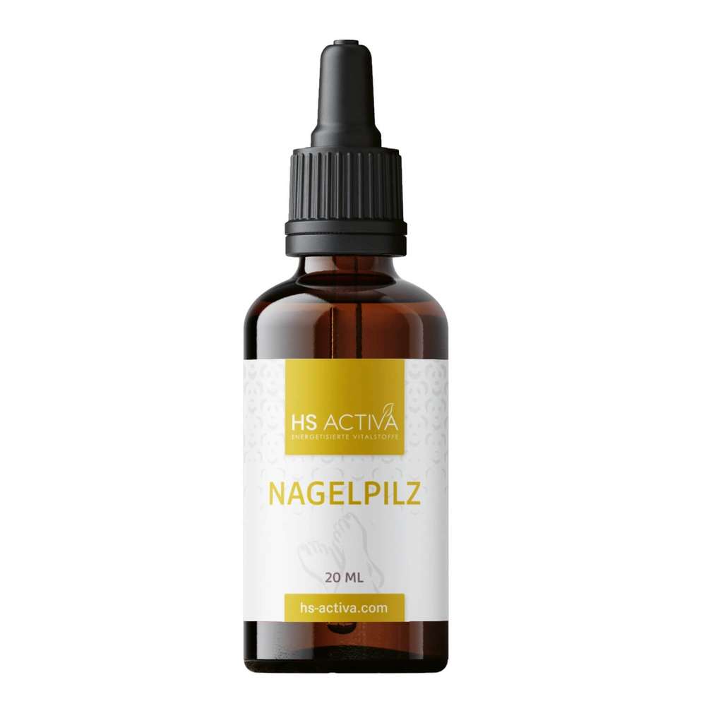 Product shot of a 20ml amber glass bottle of HS ACTIVA Nagelpilz with a black dropper top featuring a yellow and white label with stylized leaf details