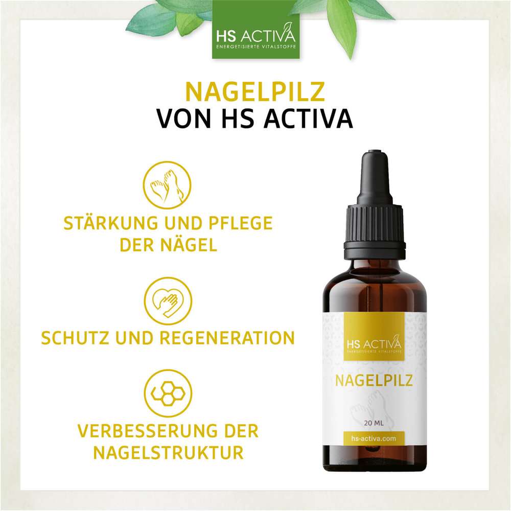 Product shot of HS Activa Nagelpilz, a 20ml amber bottle with a black dropper, featuring gold accents and leaf illustrations against a white background, promoting nail health and regeneration
