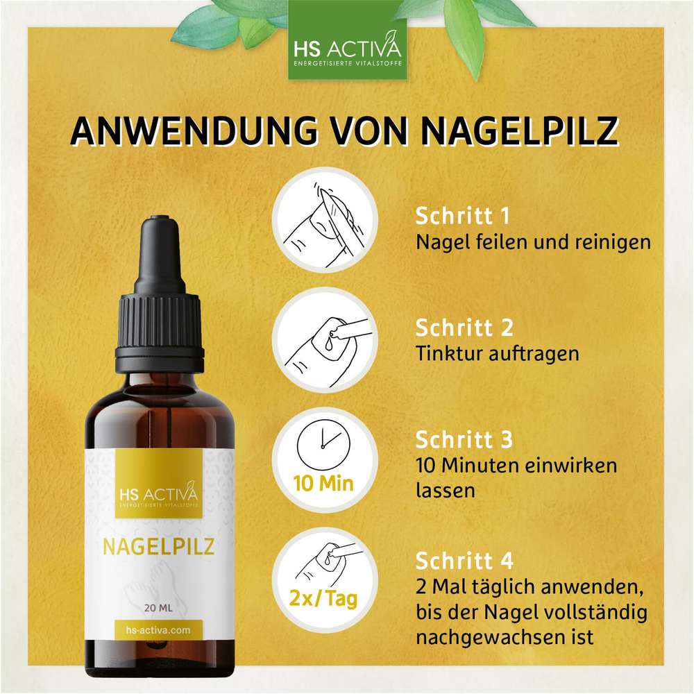 Product shot of HS Activa's Nagelpilz treatment, a brown glass bottle with a black dropper, against a mustard yellow background showing application steps with simple line drawings and featuring a minimalist white label with green accents
