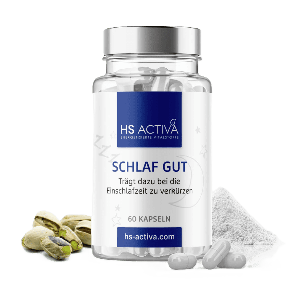 Product shot of HS Activa Schlaf Gut sleep aid capsules displayed with pistachios and powder showing a clear bottle with silver lid and blue label
