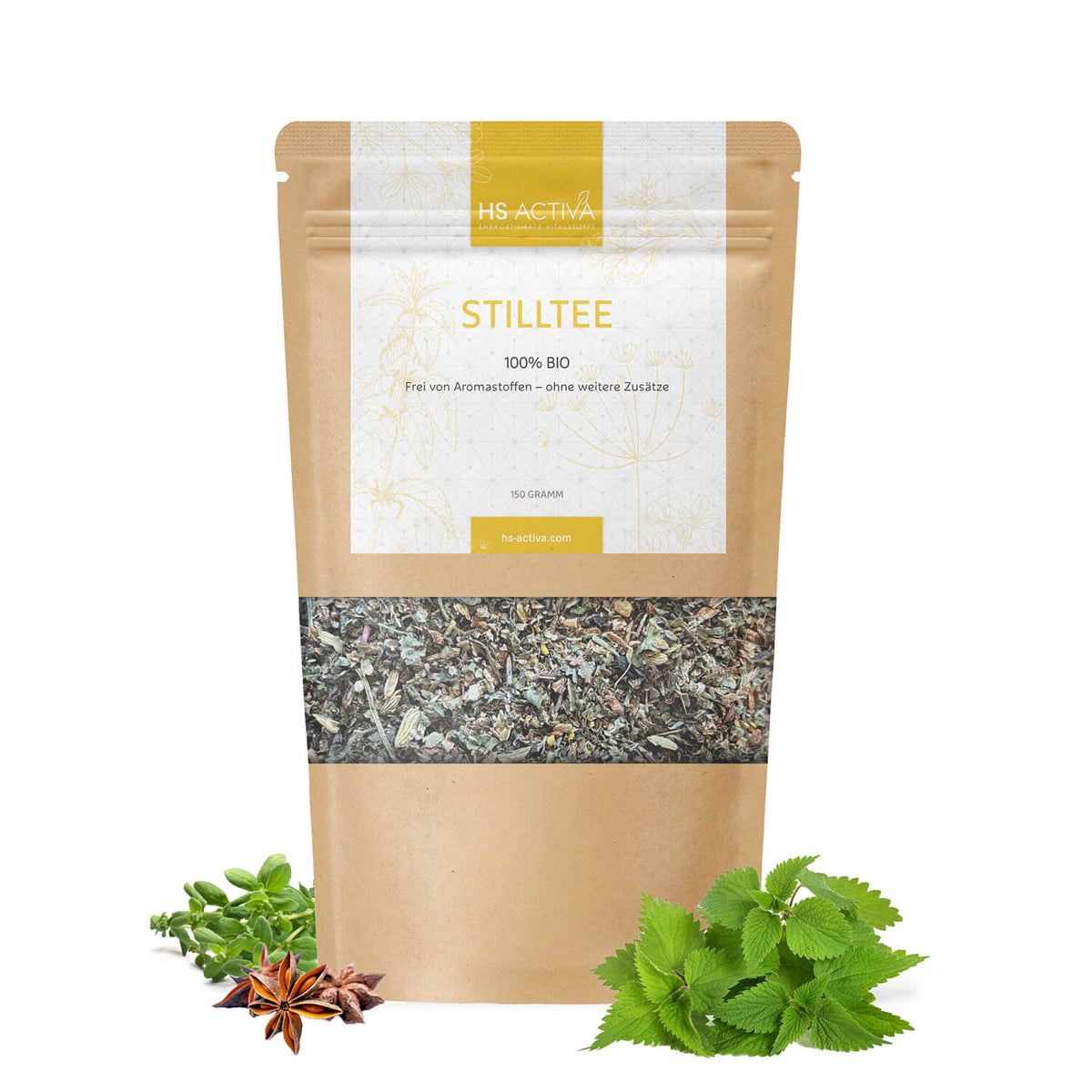Biologischer Stilltee - Bio Stilltee kaufen | 150g im Kraftpapierbeutel mit Kräutermischung, ideal zur Unterstützung der Milchbildung in der Stillzeit.