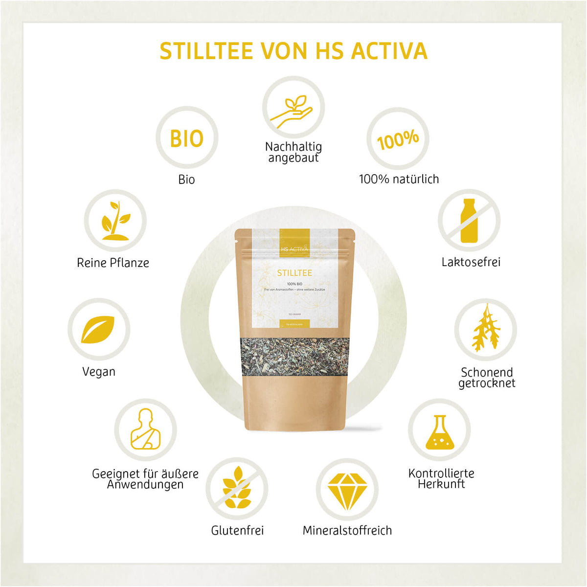 Eigenschaften des Bio Stilltees: vegan, glutenfrei, laktosefrei, mineralstoffreich, nachhaltig – ideal für stillende Mütter, 150g kaufen.