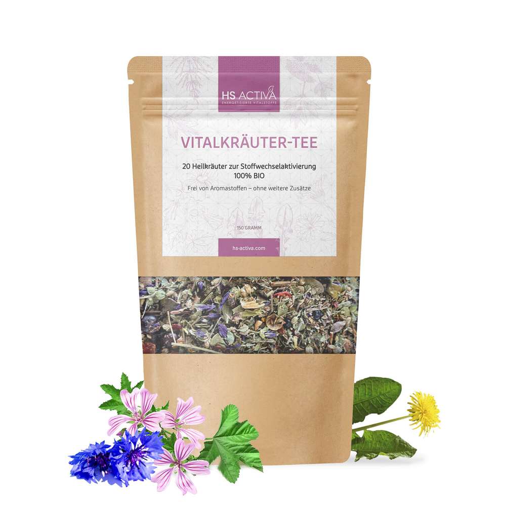 VitalKräuter-Tee - VitalKräutertee kaufen | 20 Heilkräuter in nachhaltiger Verpackung mit getrockneten Kräutern und Blüten, 150g Bio-Tee.