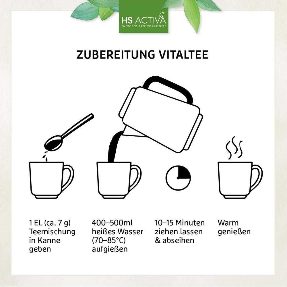 VitalKräuter-Tee - VitalKräutertee kaufen | 20 Heilkräuter mit einfacher Zubereitung: 1 EL Tee, heißes Wasser, 10–15 Minuten ziehen lassen.