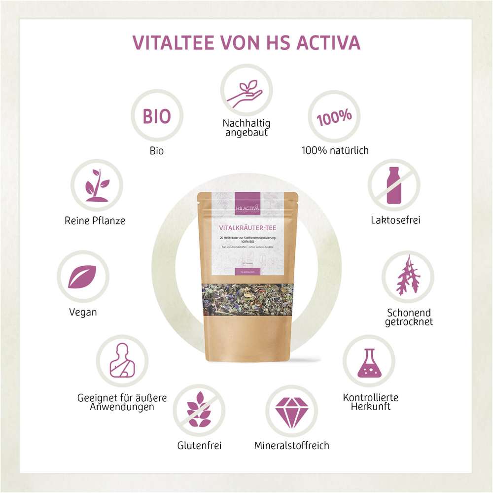 VitalKräuter-Tee - VitalKräutertee kaufen | 20 Heilkräuter aus kontrolliertem Anbau, vegan, glutenfrei, laktosefrei und reich an Vitalstoffen.