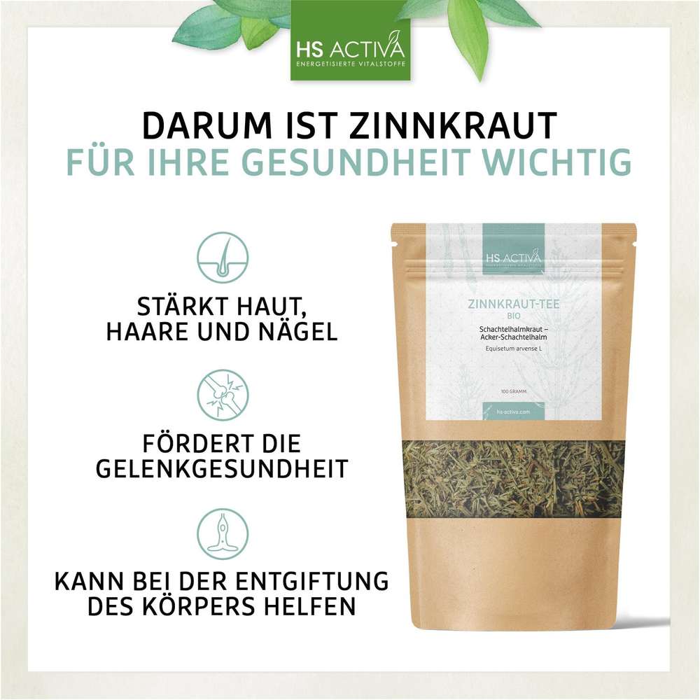 Product shot of HS Activa's Zinnkraut-Tee bio herbal tea bag featuring green and brown tones, showcasing the product's label with  botanical illustrations and  a detailed description of its benefits
