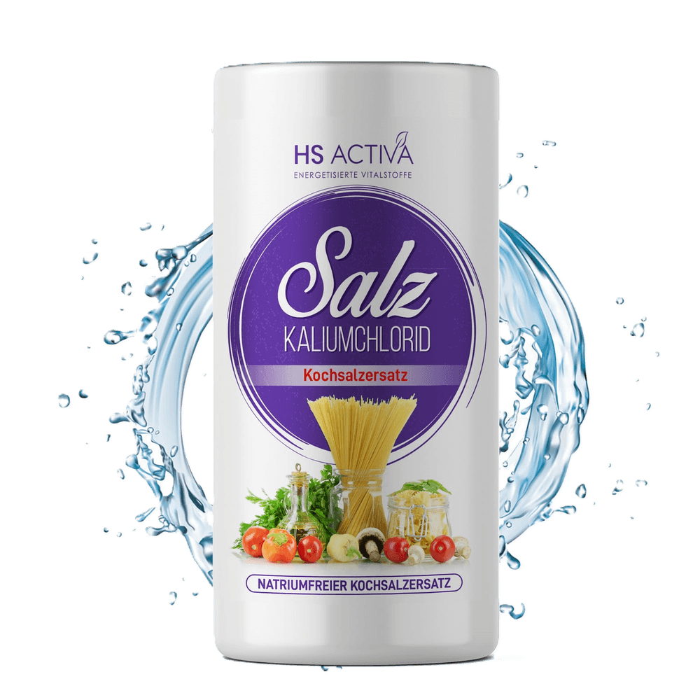 Product shot of HS ACTIVA Potassium Chloride salt substitute container showing vibrant purple and white design elements with pasta, tomatoes, and herbs against a backdrop of a dynamic water splash
