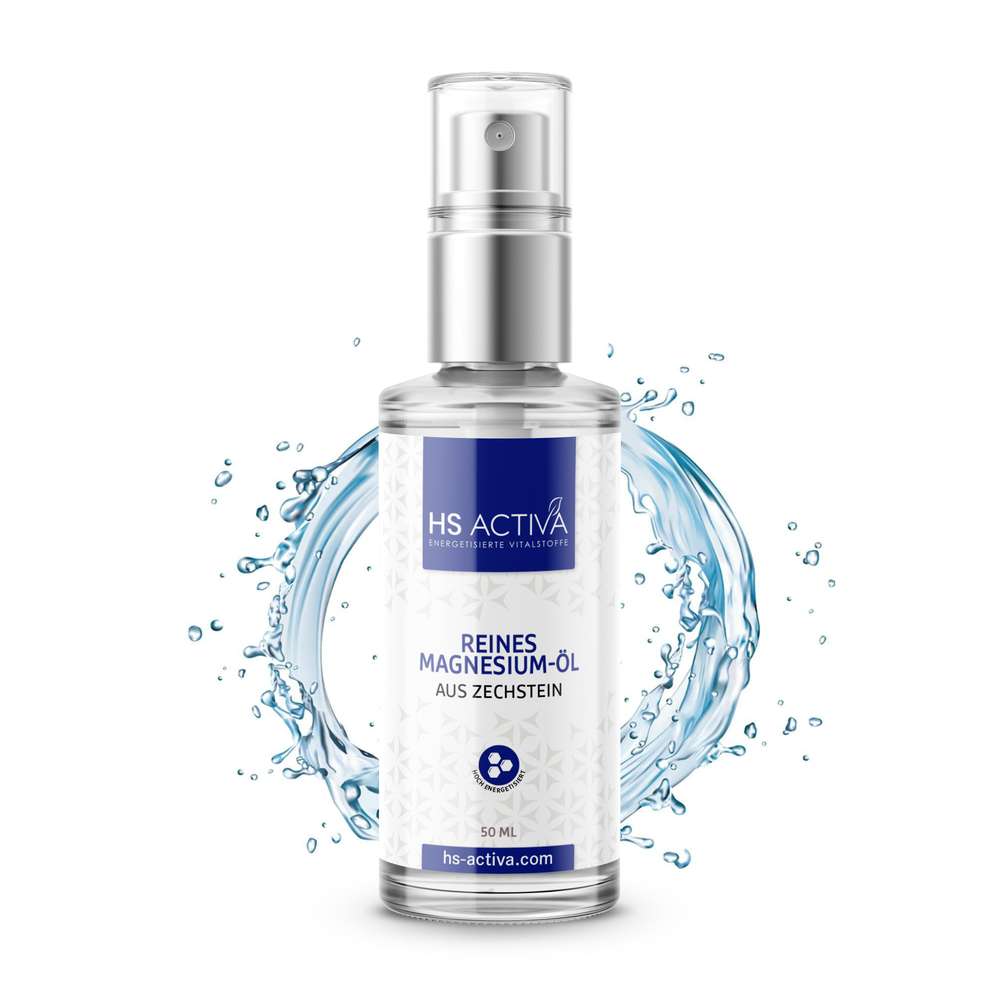 Product shot of HS Activa Zechstein Magnesium Oil, showing a clear glass bottle with a silver spray top against a background of stylized blue water splashes and featuring a blue and white label with a hexagonal logo.
