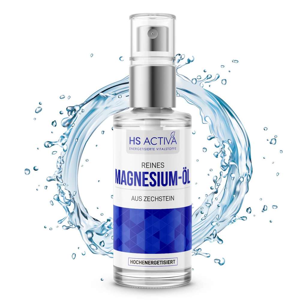 Product shot of HS Activa Pure Magnesium Oil from Zechstein in a spray bottle surrounded by a blue water splash featuring a silver cap and a geometric blue label design
