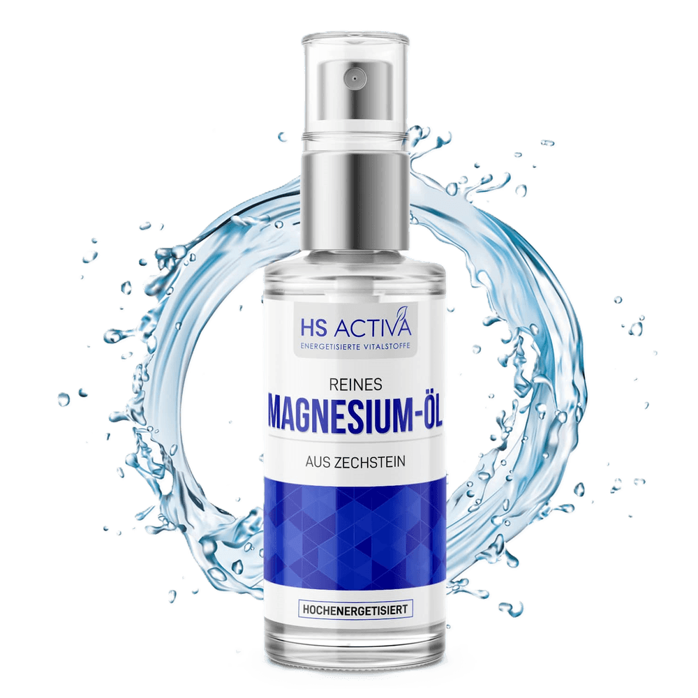Product shot of HS Activa Reines Magnesium-Öl from Zechstein featuring a silver spray bottle against a backdrop of a dynamic blue water splash with geometric patterns and the words Hochenergetischert  
