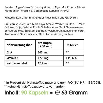 Zutatenliste und Nährwerte der veganen Omega 3 Kapseln aus Algenöl