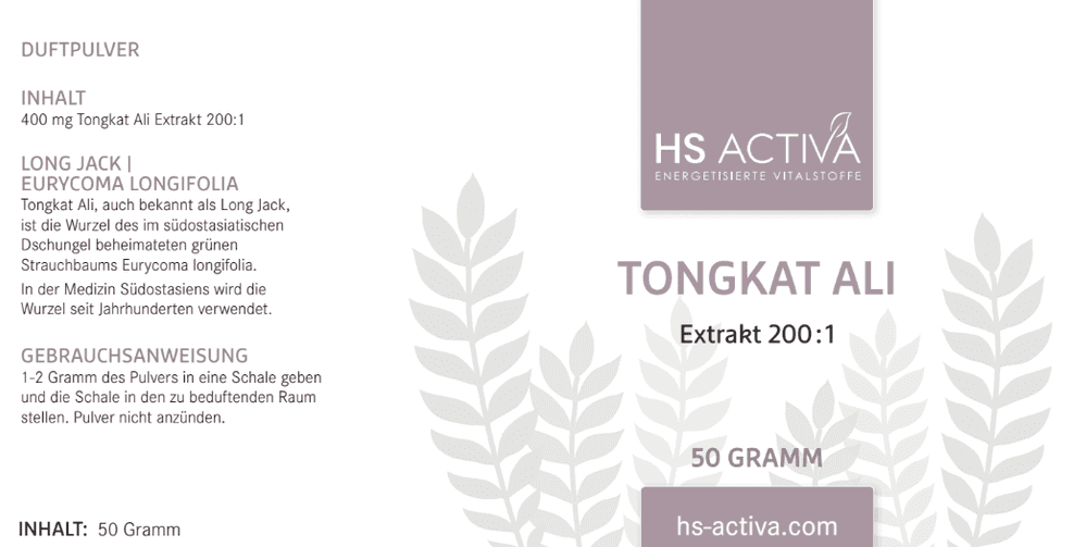 HS Activa product graphic featuring  Tongkat Ali extract 200:1,  depicting stylized gray leaves against a white background with purple accents and product details
