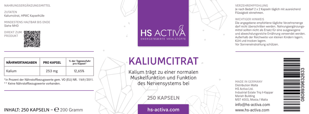 Verzehrempfehlung und Zutaten unserer Kaliumcitrat Kapseln
