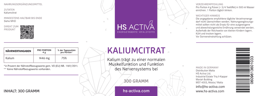 Verzehrempfehlung und Zutaten unseres Kaliumcitrat Pulvers