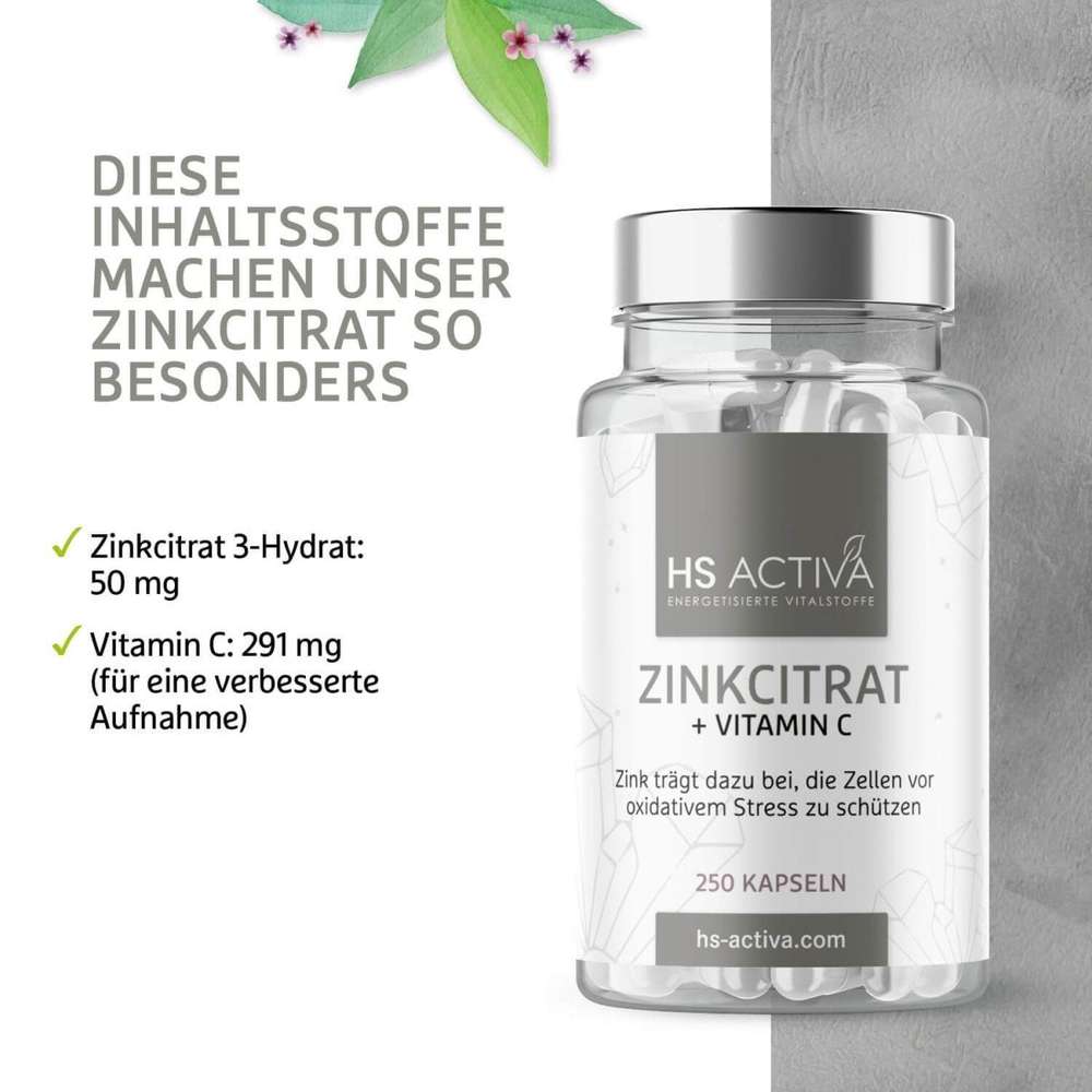Inhaltsstoffe Zink + Vitamin C: 50 mg Zinkcitrat 3-Hydrat und 291 mg Vitamin C je Kapsel