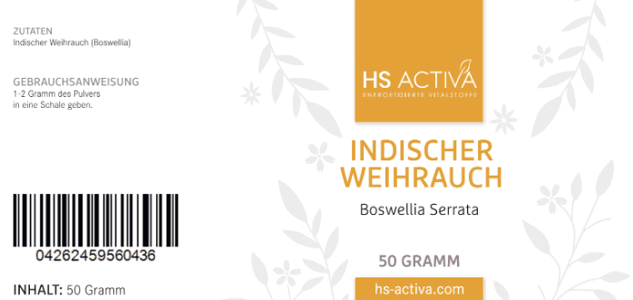 HS Activa product label featuring Indian Frankincense Boswellia Serrata  with a barcode, gray floral accents and an amber logo 
