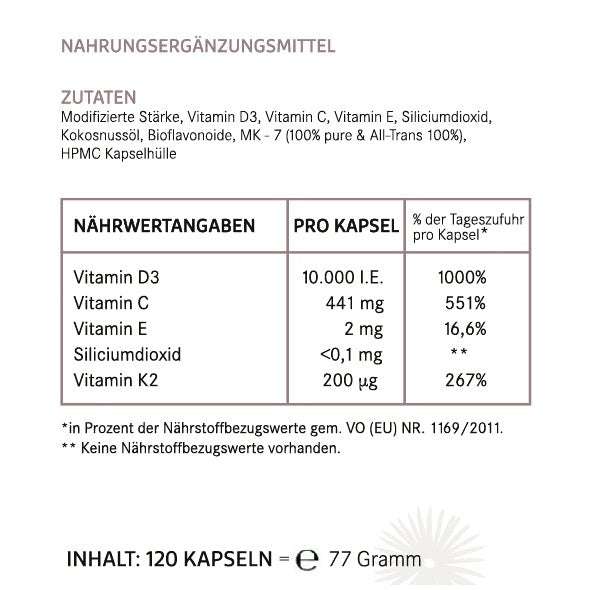 Zutatenliste und Nährwerte der Vitamin D3 + K2 Kapseln mit 10.000 I.E.