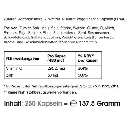 Zutatenliste und Nährwerte der Zink + Vitamin C Kapseln