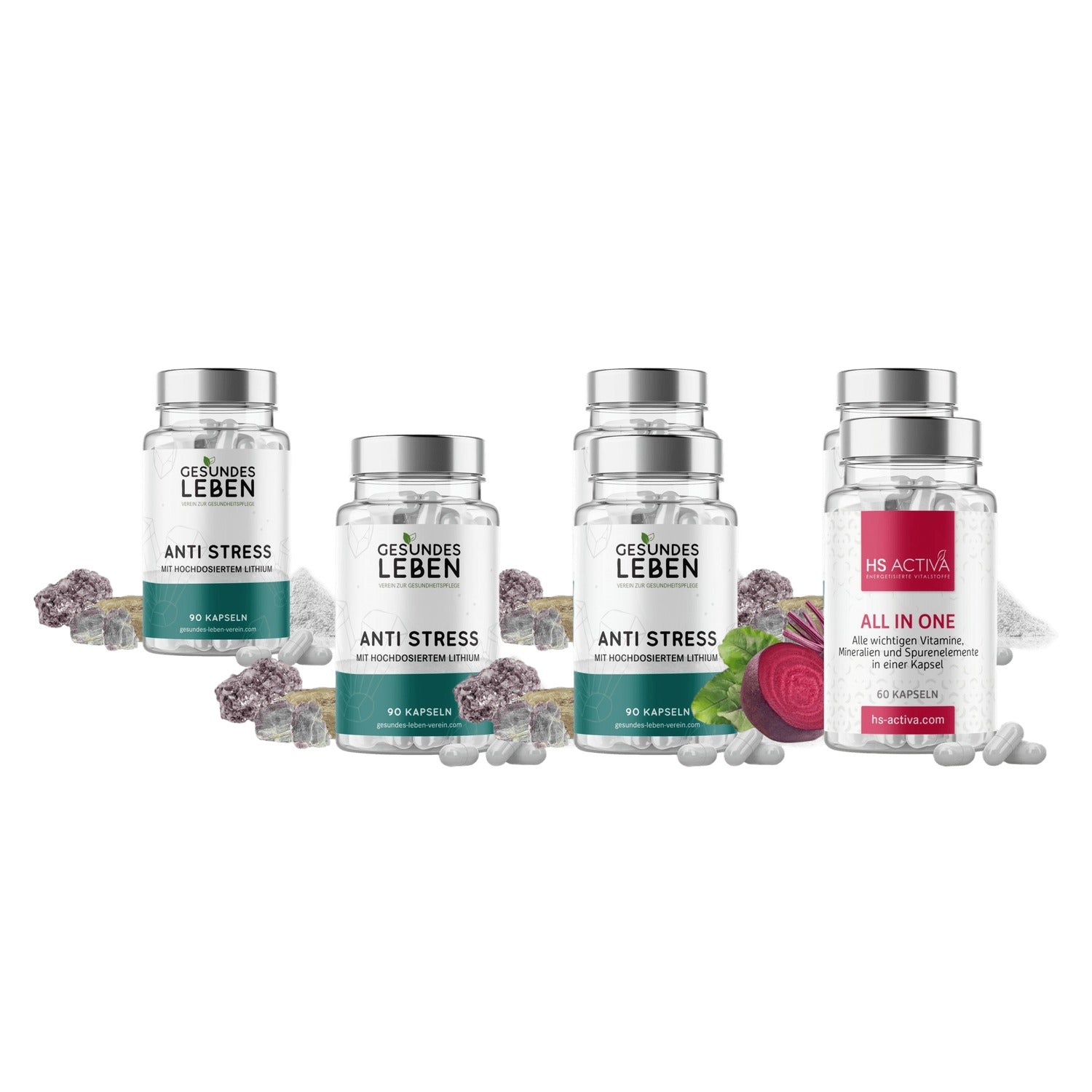 Gesundes Leben Anti Stress mit Lithium, 5 Dosen plus eine Dose All In One gratis