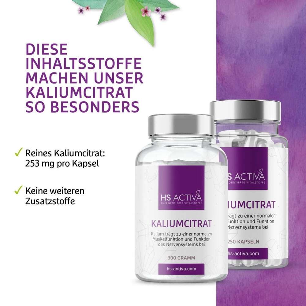 Product shot of HS Activa Kaliumcitrat supplement bottles featuring a purple and white design with silver lids and botanical watercolor elements.
