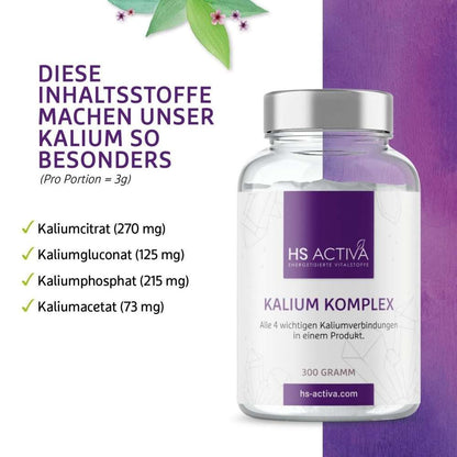 Inhaltsstoffe Kalium Komplex: Kaliumcitrat, Kaliumgluconat, Kaliumphosphat und Kaliumacetat je Portion