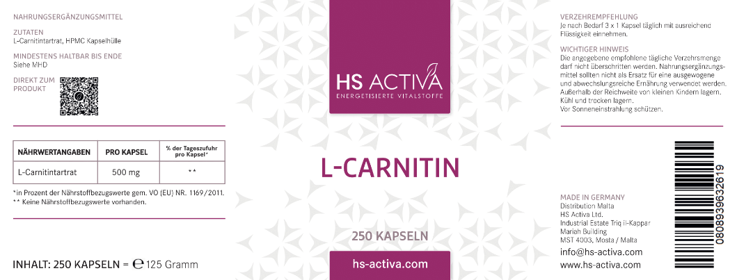 L-Carnitin (Großpackung: 250 Kapseln) - HS Activa