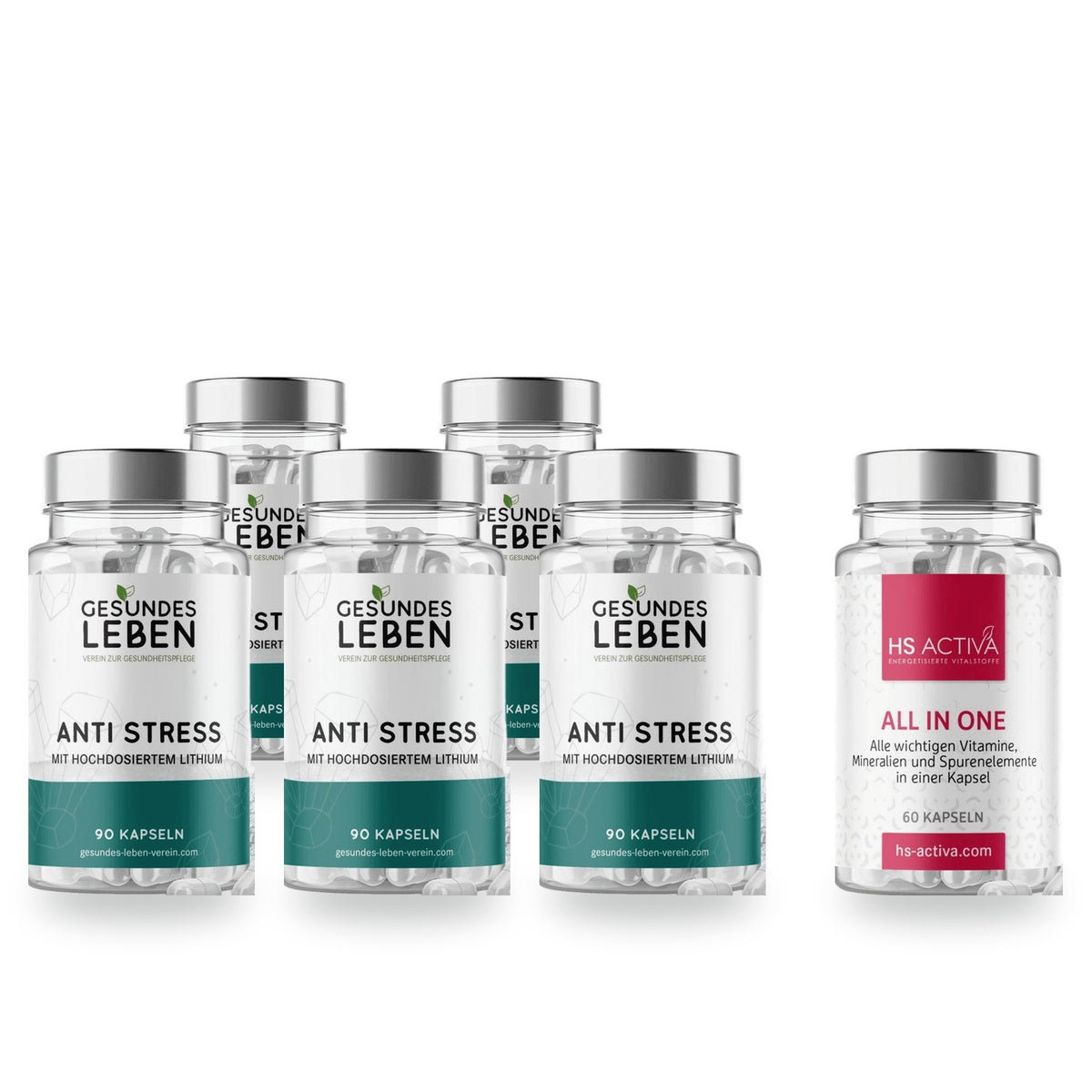 Gesundes Leben Anti Stress mit Lithium, 5 Dosen plus eine Dose All In One gratis
